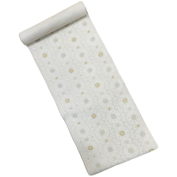 西陣織 九寸名古屋帯 白地唐華文様|ふくい謹製|お茶席にふさわしい上品な帯 西陣織 九寸名古屋帯 白地唐華文様|ふくい謹製|お茶席にふさわしい上品な帯