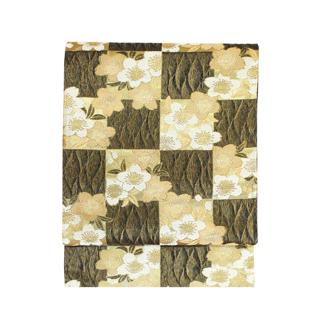 川北国雄 謹製 西陣織袋帯|市松に桜文様・洒落感ある一条 六通柄 川北国雄 謹製 西陣織袋帯|市松に桜文様・洒落感ある一条 六通柄