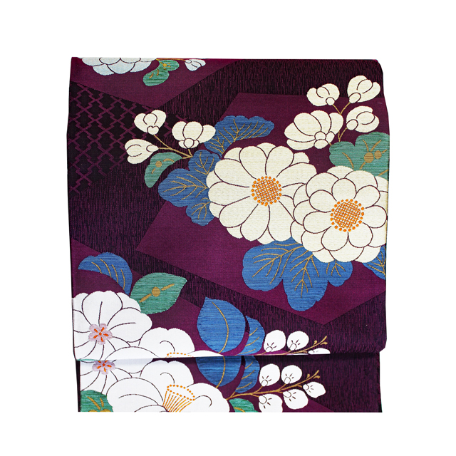 西陣織 袋帯|伝統工芸士 四代目 蔦屋九兵衛 制織 「蔦」シリーズ 椿菊文・紫地(昭和初期復元紋図) 西陣織 袋帯|伝統工芸士 四代目 蔦屋九兵衛 制織 「蔦」シリーズ 椿菊文・紫地(昭和初期復元紋図)