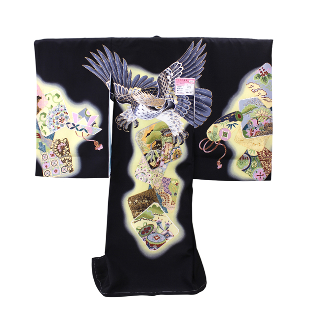 【お宮参り着・男児】のしめ 正絹 黒地 鷹に御所車・松笹 勇壮な黄ぼかし仕立て(七五三お直し対応) 【お宮参り着・男児】のしめ 正絹 黒地 鷹に御所車・松笹 勇壮な黄ぼかし仕立て(七五三お直し対応)